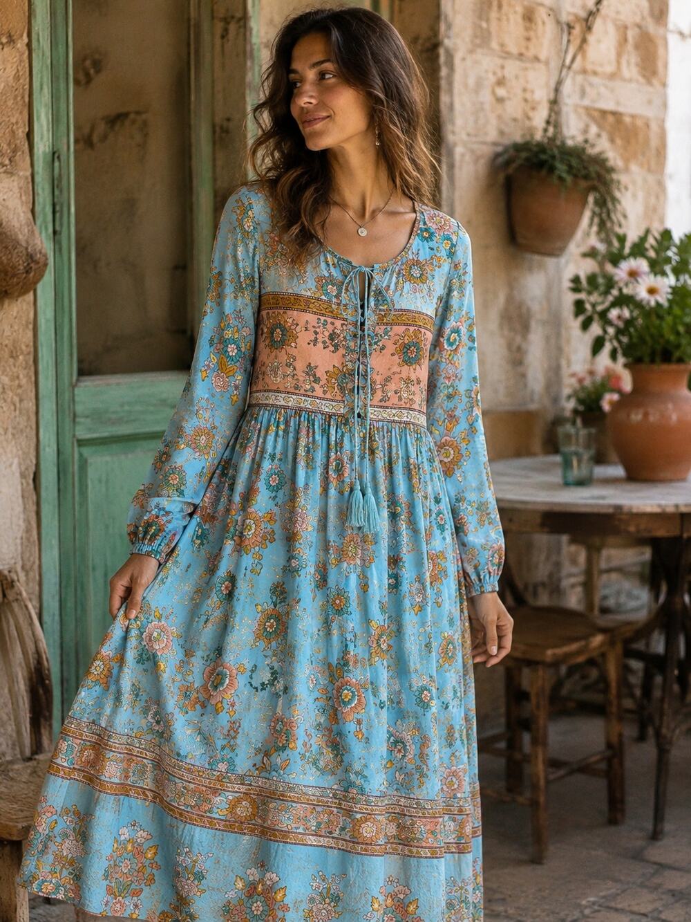 R.Vivimos turquoise and peach Sz 6 floral boho long-sleeve midi dress